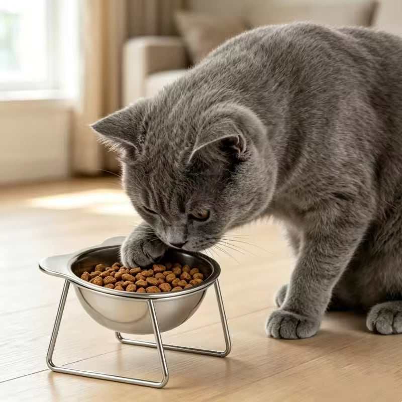 Tilted Stainless Steel Cat Bowl with Metal Stand