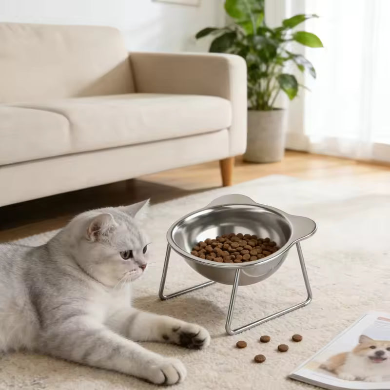 Tilted Stainless Steel Cat Bowl with Metal Stand